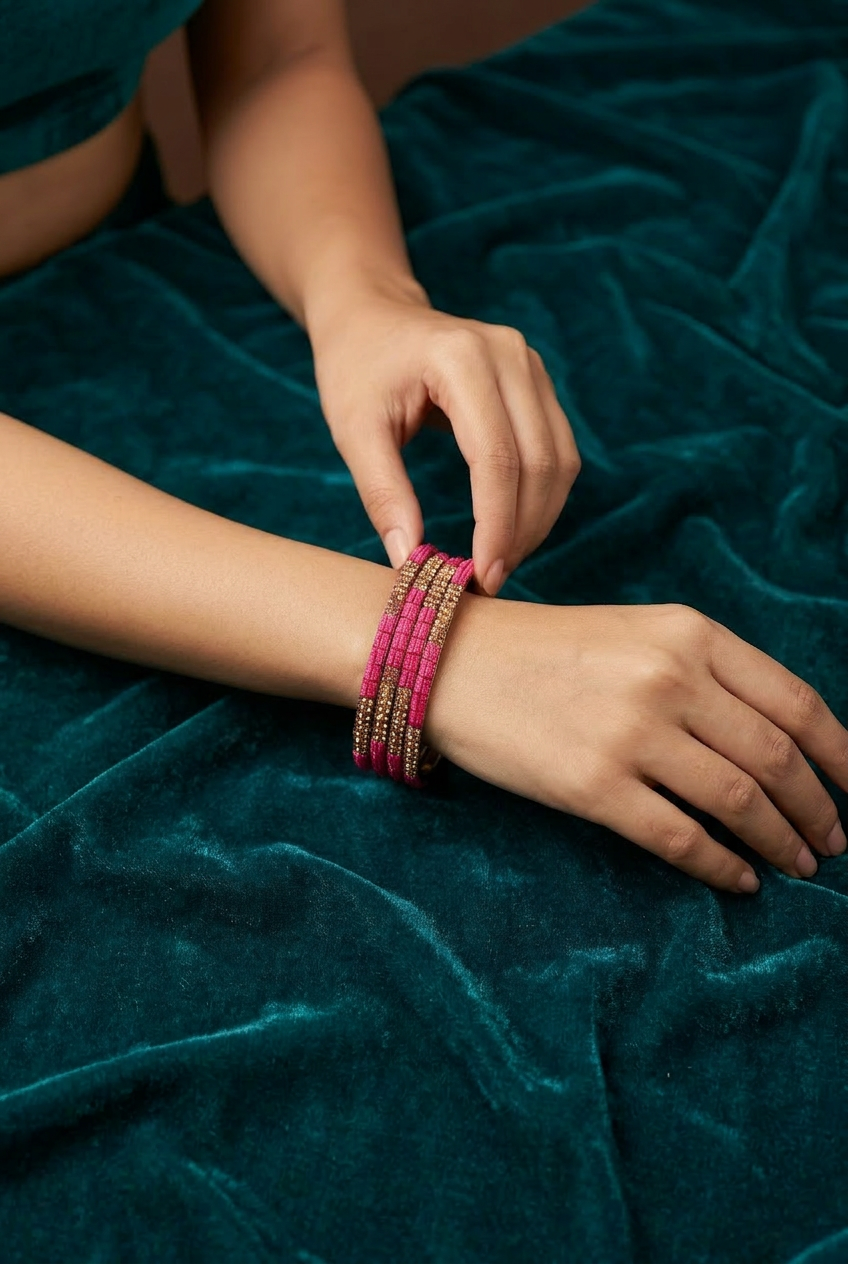 Rani Pink Multicolour Crystal Bangles Set with Gold-Tone Sparkle for Festive, Wedding & Ethnic Styling