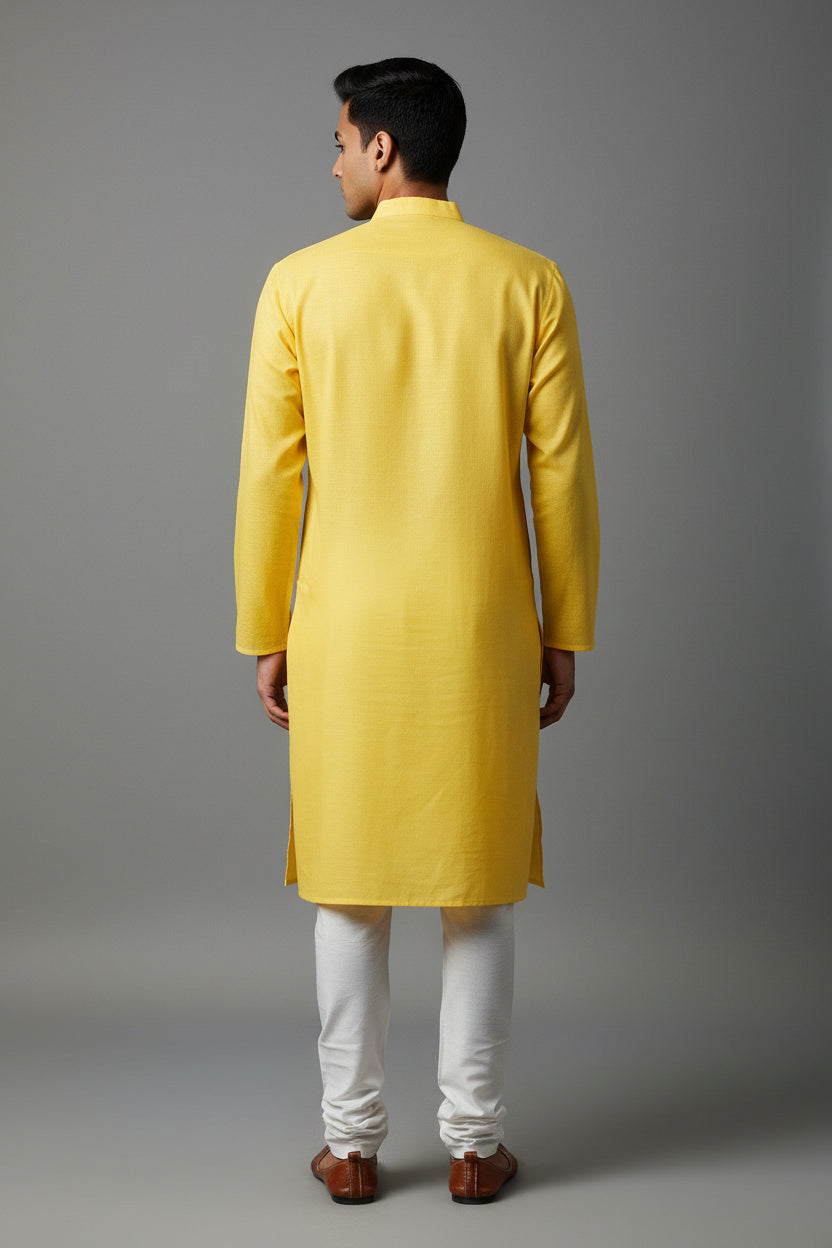 Yellow Cotton Plain Kurta - Breathable and Casual Wear - AI Model Photo 2
