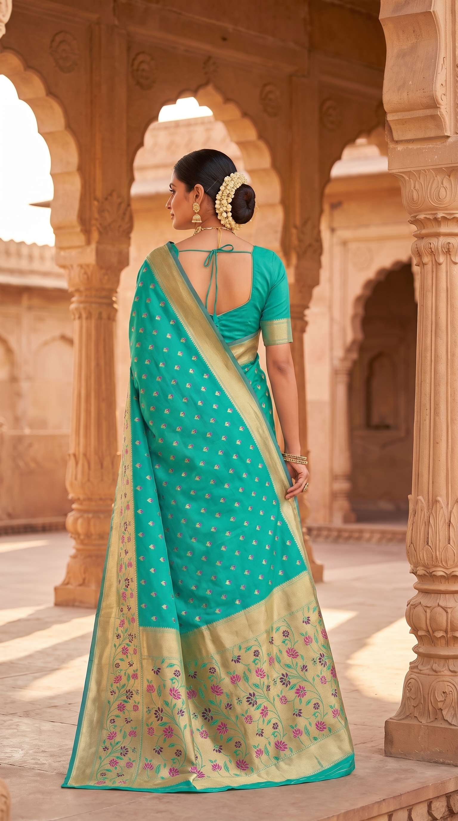 Green Paithani Silk Saree with Floral Pallu and Design Border, Full-Body Butti, Comes with Blouse