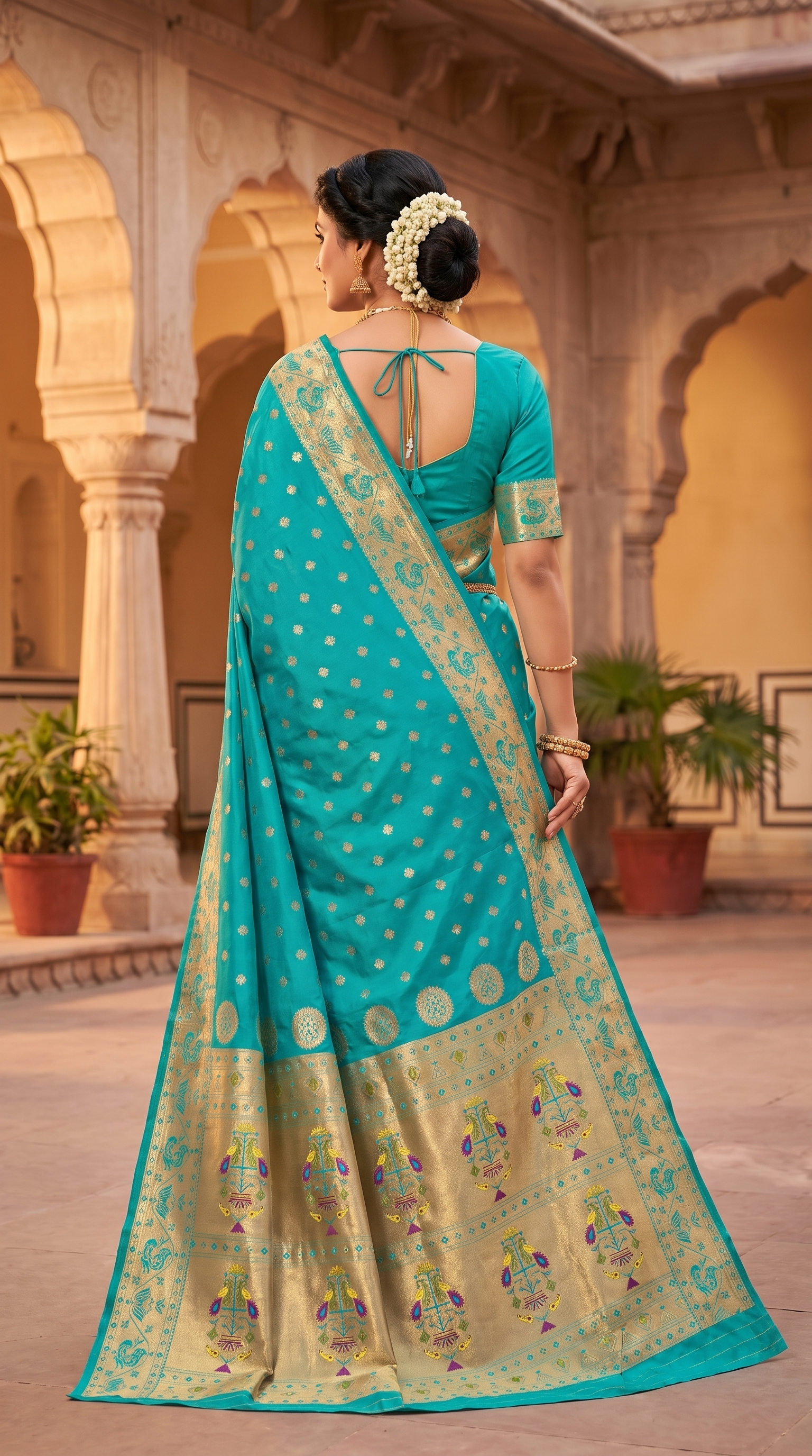 Rama Green Paithani Saree with Zari Woven Peacock Pallu and Design Border