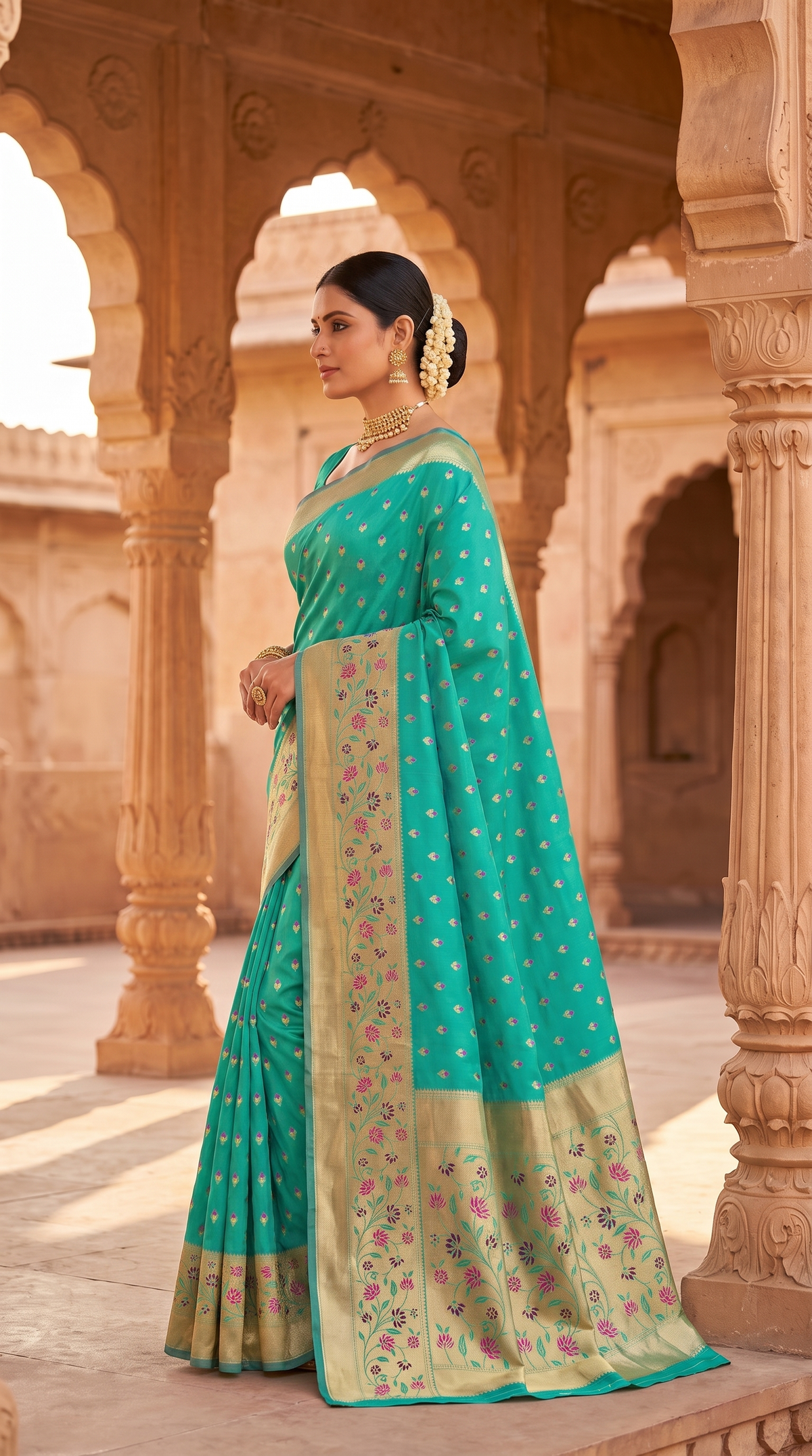 Green Paithani Silk Saree with Floral Pallu and Design Border, Full-Body Butti, Comes with Blouse