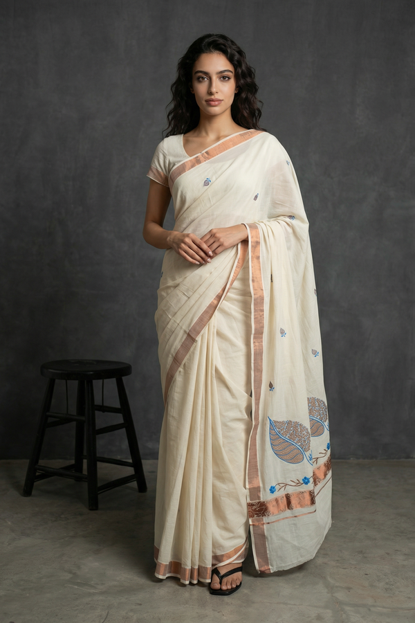 Pure Kerala Cotton White Saree with Copper Zari Border, Peacock Floral Embroidery and Blouse Piece - AI Model Photo 1