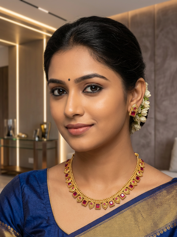 Gold-Tone Pink Stone Traditional Necklace Set with Matching Earrings - Lightweight Ethnic Neckset