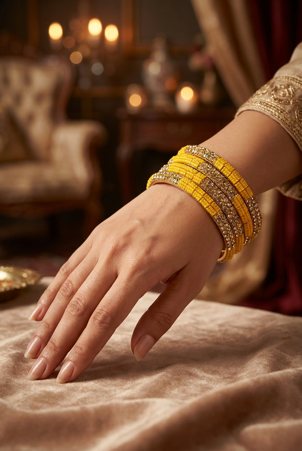 Multicolour Crystal Beaded Bangles Set with Gold-Tone Sparkle for Festive Wear, Weddings & Ethnic Styling