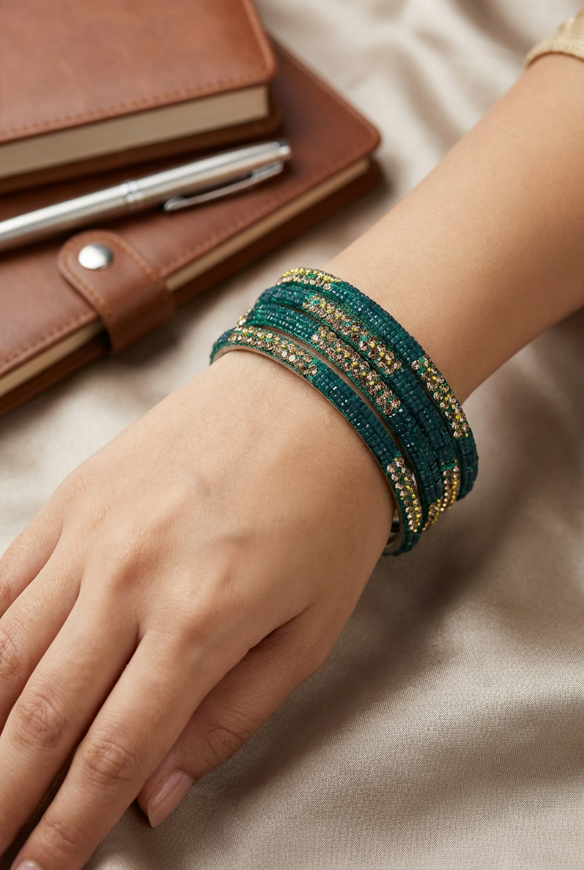 Multicolour Crystal Bangles Set with Gold-Tone Sparkle and Bead Detailing for Festive Wear, Wedding and Ethnic Styling
