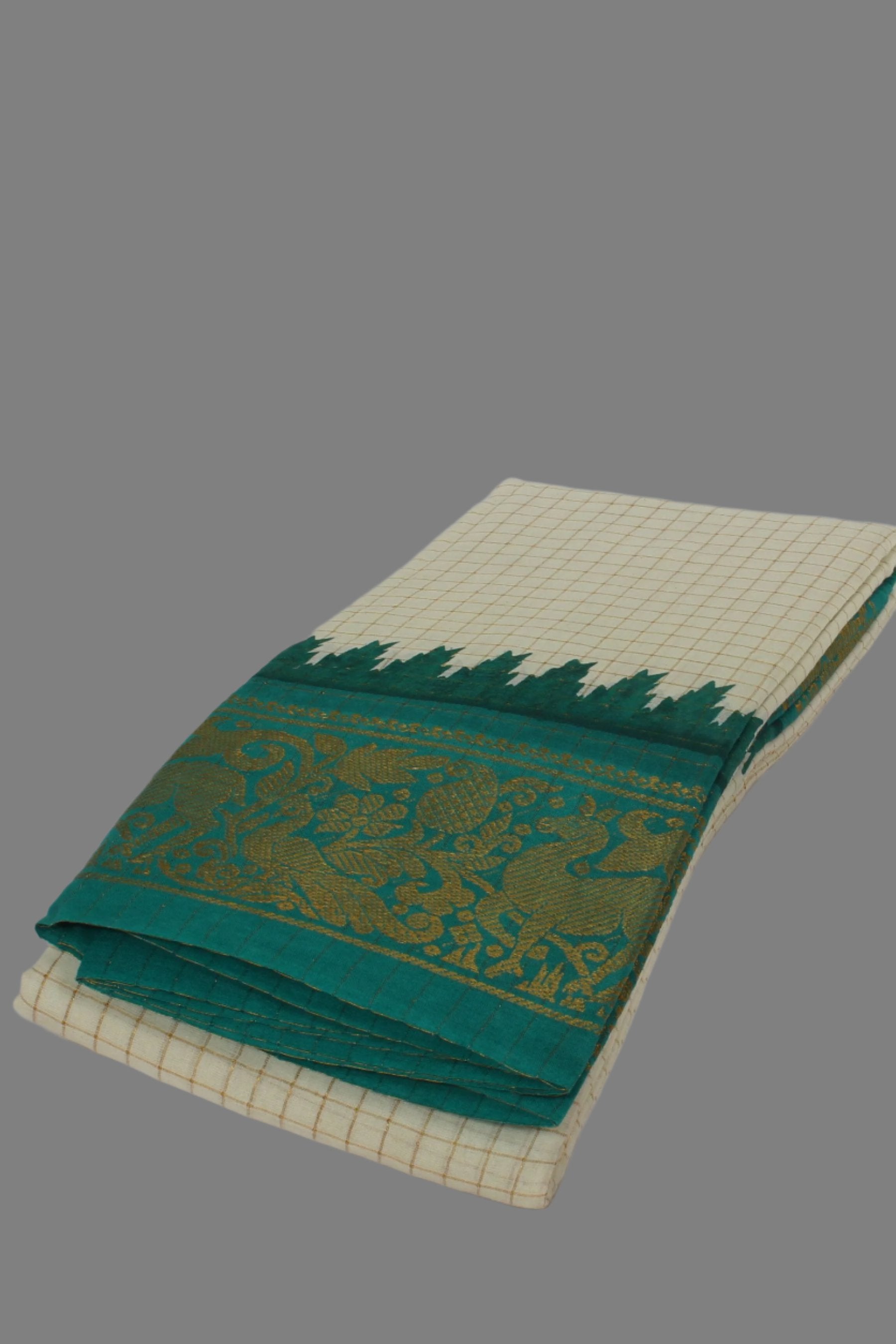 Madurai Pure Sungudi Cotton Saree with Golden Checks & Zari Border Saree JCS Fashions