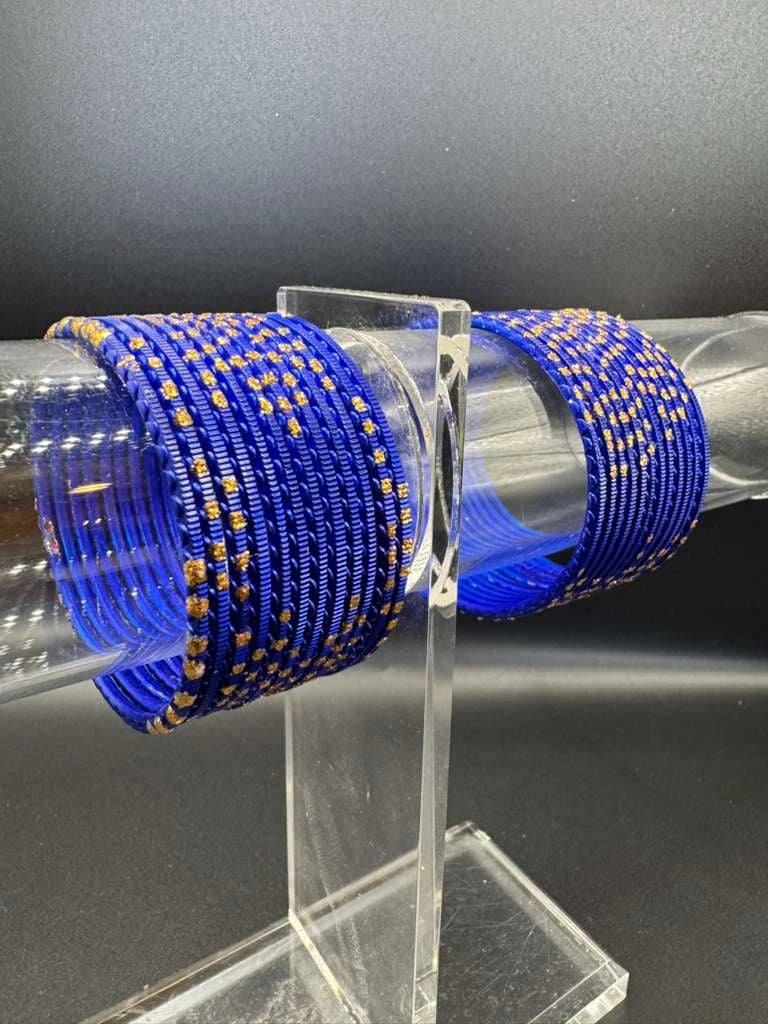 Kids Royal Blue Metal Bangles with Gold Glitter, Set of 24