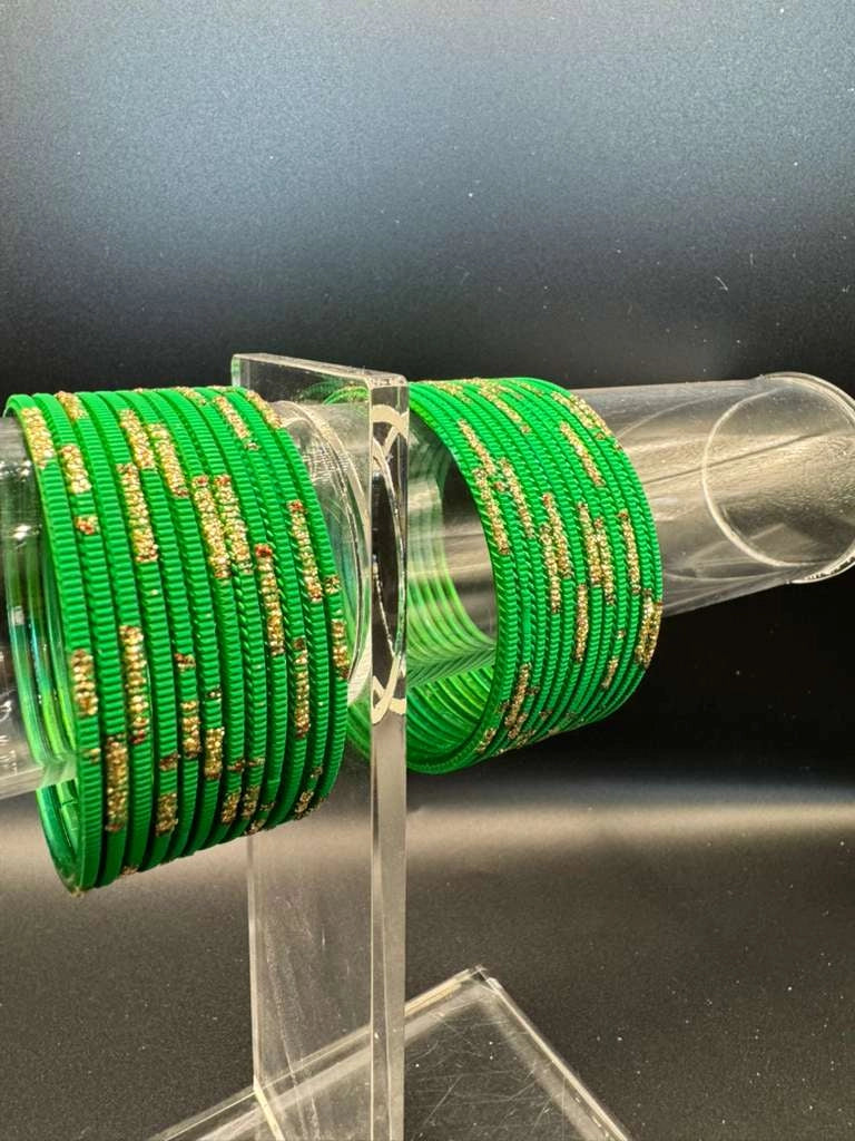 Kids Green Metal Bangles with Gold Glitter Finish - Pack of 24