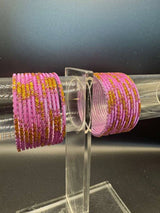 Kids Pink Metal Bangles Set with Gold Glitter (24 Pieces) for Girls, Fashion Jewellery