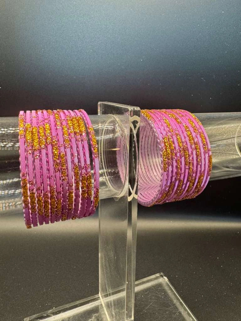 Kids Pink Metal Bangles Set with Gold Glitter (24 Pieces) for Girls, Fashion Jewellery