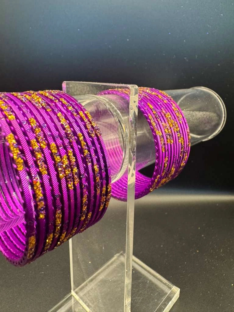 Purple and Gold Glitter Kids Metal Bangles Set (24 Pieces)