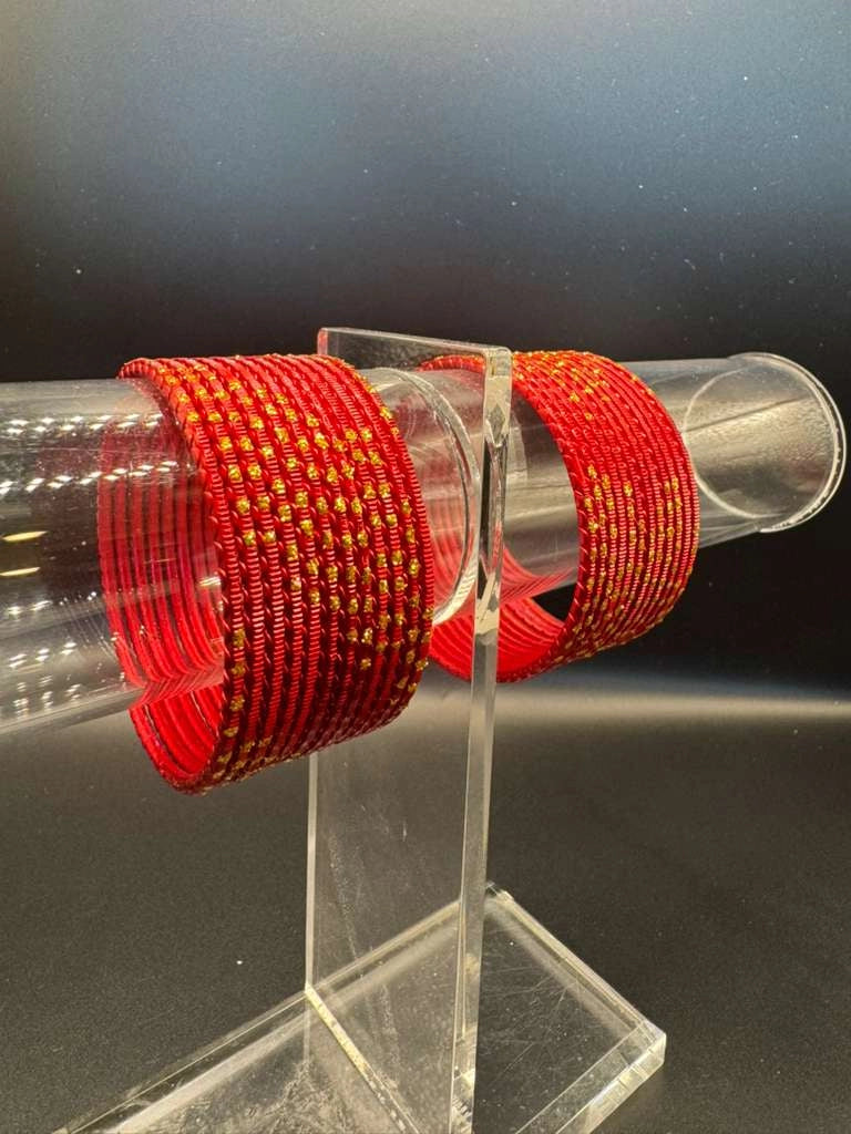 Kids Red & Gold Glitter Metal Bangles Set (24 Pcs) for Festive Wear