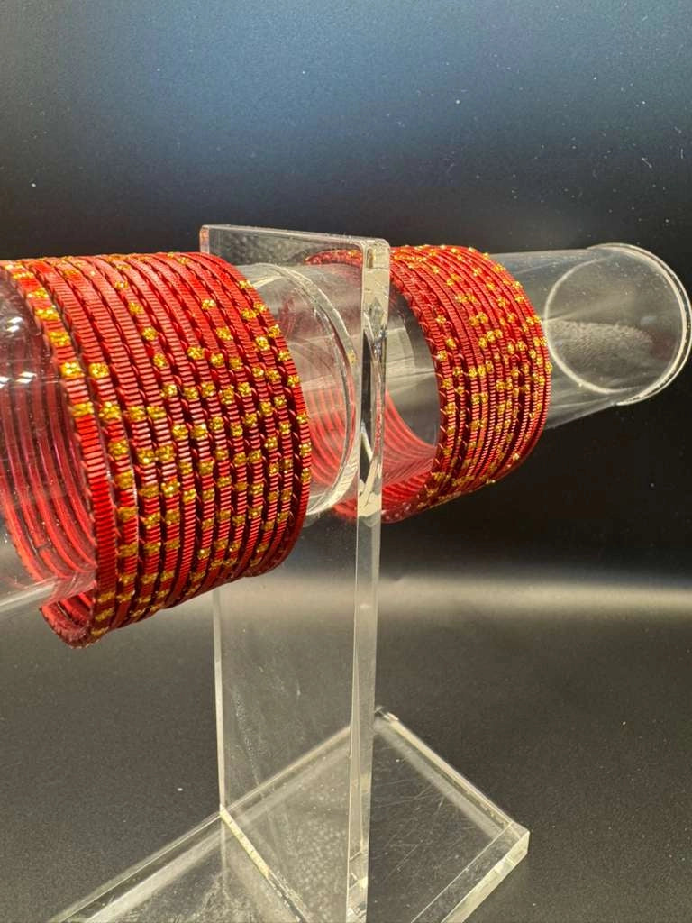 Kids Maroon Metal Bangles with Gold Glitter Studs (24 Pcs) for Daily Wear and Festive Outfits