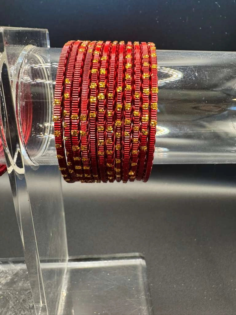 Kids Maroon Metal Bangles with Gold Glitter Studs (24 Pcs) for Daily Wear and Festive Outfits