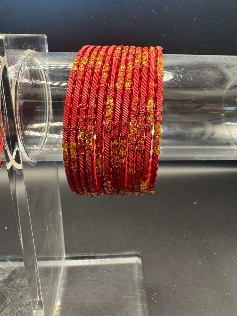 Kids Red and Gold Glitter Metal Bangles Set (24 Pcs) | Fashion Jewellery for Girls