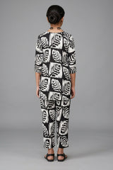 Black & White Rayon Printed Kurti Set with Beaded Neck and Elastic Pant — back pose