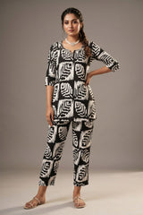Black & White Rayon Printed Kurti Set with Beaded Neck and Elastic Pant — front pose