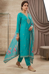 Rama Green Roman Silk 3-Piece Kurti Set with Elastic Pant & Digital Print Dupatta for Women — side pose