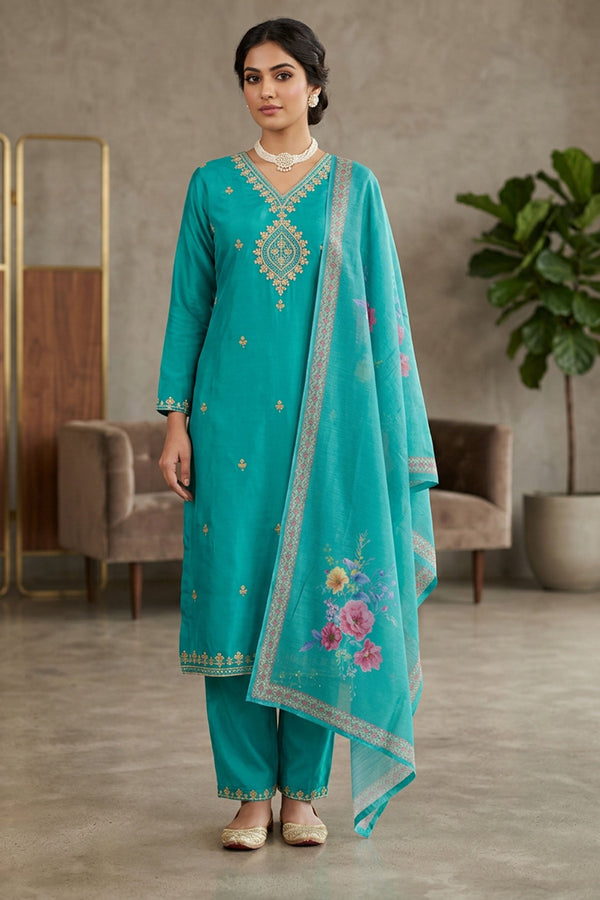Rama Green Roman Silk 3-Piece Kurti Set with Elastic Pant & Digital Print Dupatta for Women — front pose