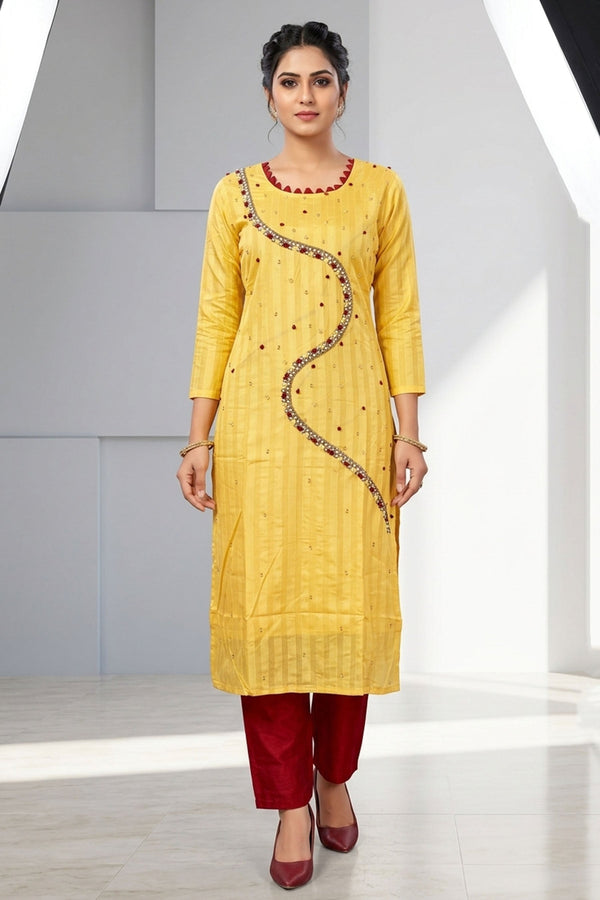 Yellow Silk Cotton Kurti with Elastic Pant Set, Aari and Thread Work with Beads for Women — front pose