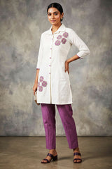 White & Lavender Cotton-Rayon Embroidered Aari Work — front pose