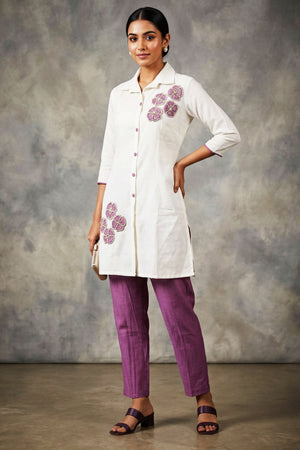 White & Lavender Cotton-Rayon Embroidered Aari Work