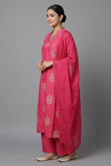 Pink Cotton 3-Piece Kurti Set with V-Neck Work, Elastic Pant & Chiffon Dupatta — side pose