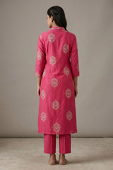Pink Cotton 3-Piece Kurti Set with V-Neck Work, Elastic Pant & Chiffon Dupatta — back pose