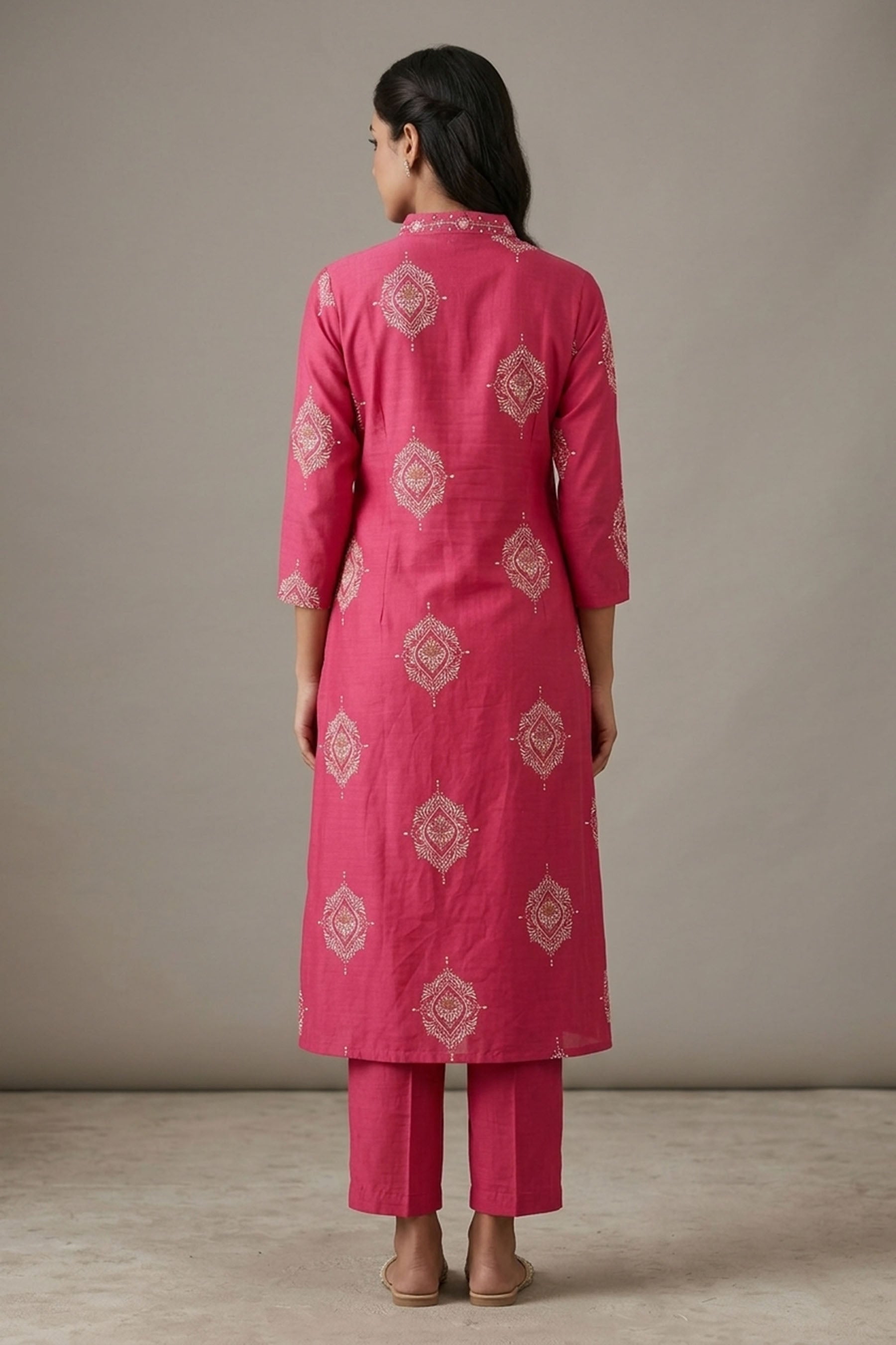 Pink Cotton 3-Piece Kurti Set with V-Neck Work, Elastic Pant & Chiffon Dupatta — back pose