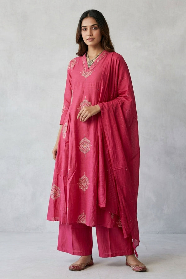 Pink Cotton 3-Piece Kurti Set with V-Neck Work, Elastic Pant & Chiffon Dupatta — front pose