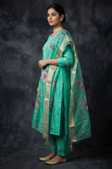 Roman Silk 3-Piece Kurti Set with Elastic Pant and Digital Jacquard Dupatta - Sage Green — side pose