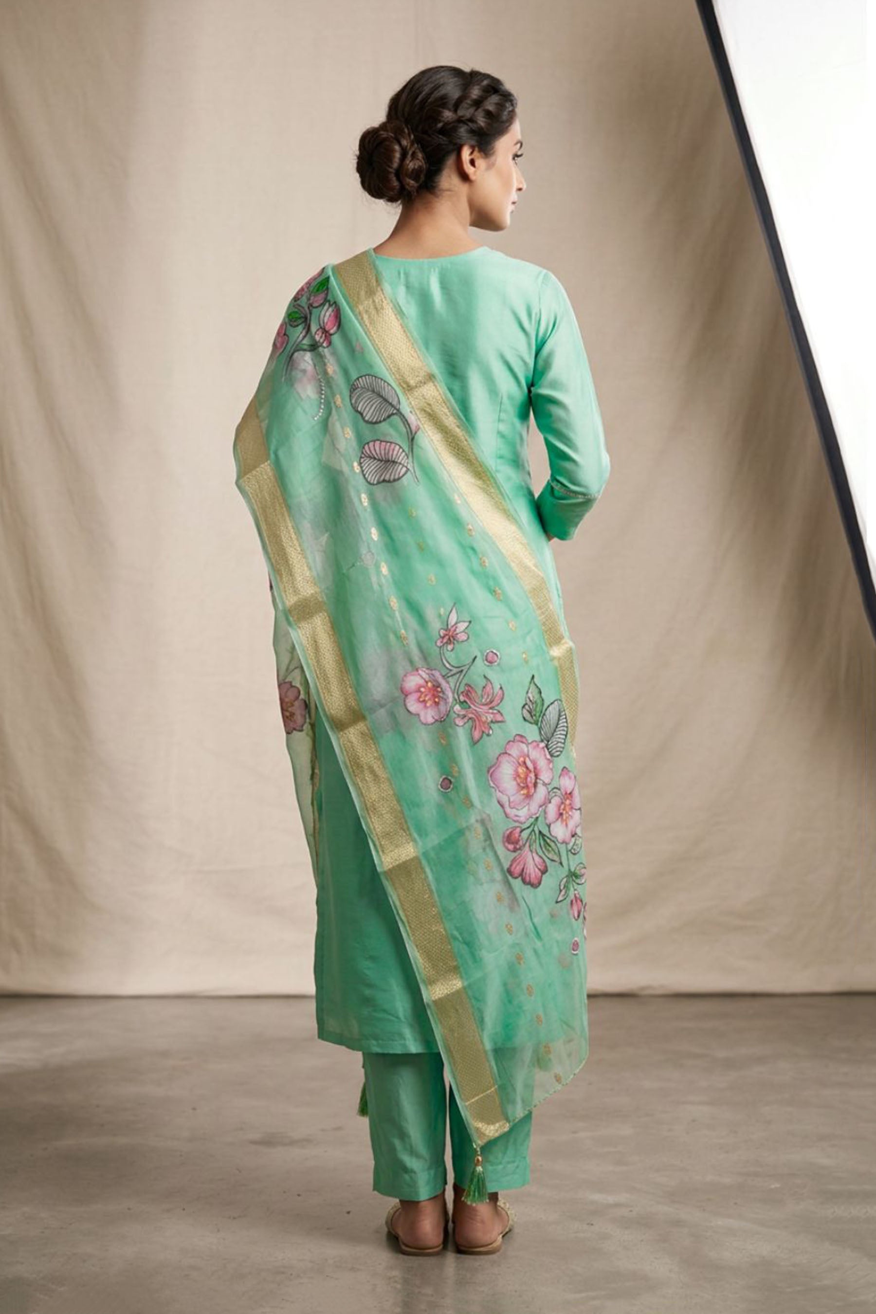 Roman Silk 3-Piece Kurti Set with Elastic Pant and Digital Jacquard Dupatta - Sage Green — back pose