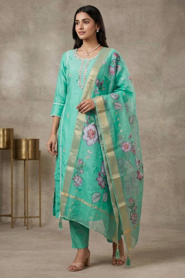 Roman Silk 3-Piece Kurti Set with Elastic Pant and Digital Jacquard Dupatta - Sage Green — front pose
