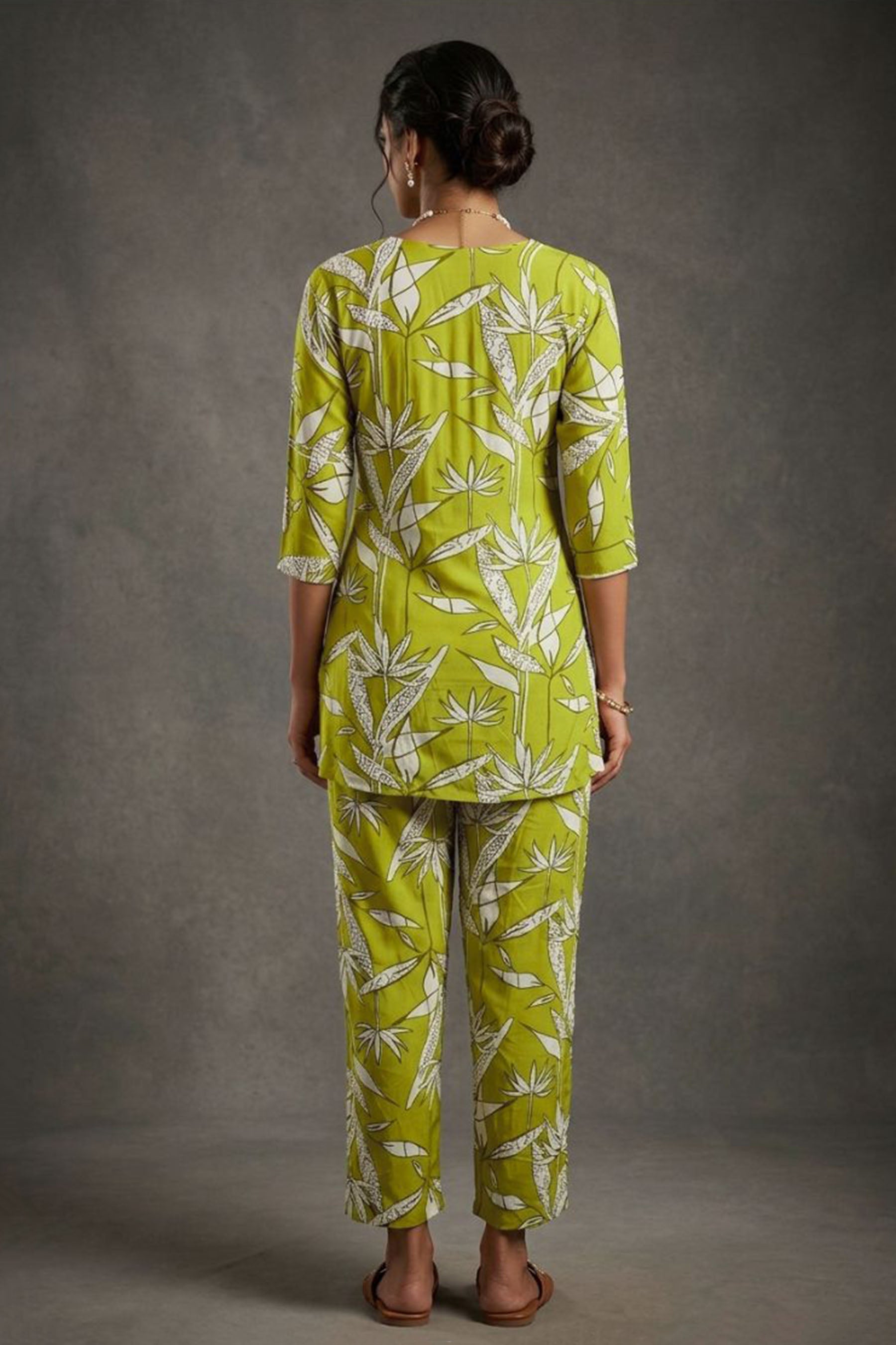 Green Olive Yellow Rayon 2-Piece co-ord Set with Bead — back pose