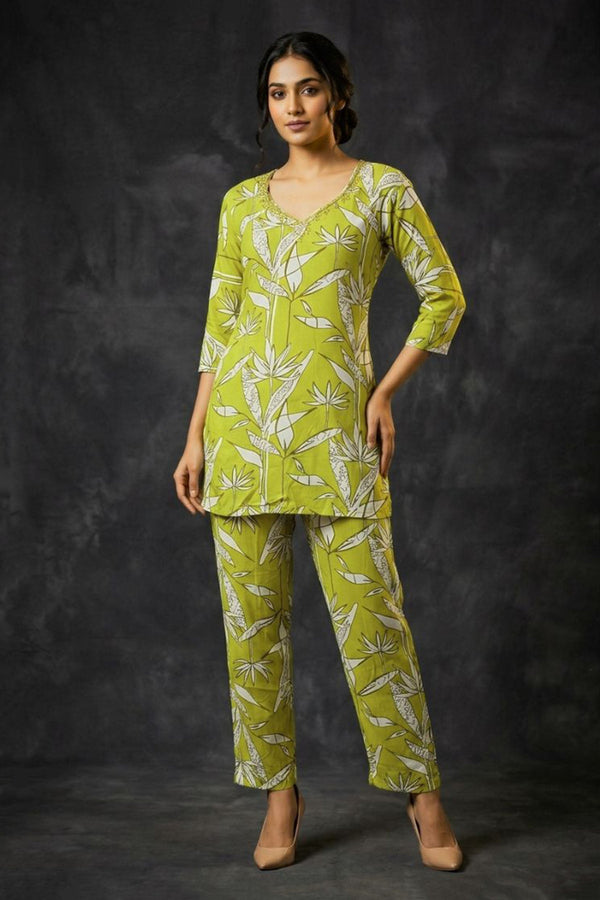 Green Olive Yellow Rayon 2-Piece co-ord Set with Bead — front pose