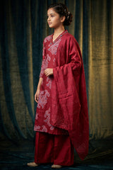 Maroon Cotton 3-Piece Kurti Set with Embroidered V-Neck, Elastic Pant & Chiffon Dupatta — side pose