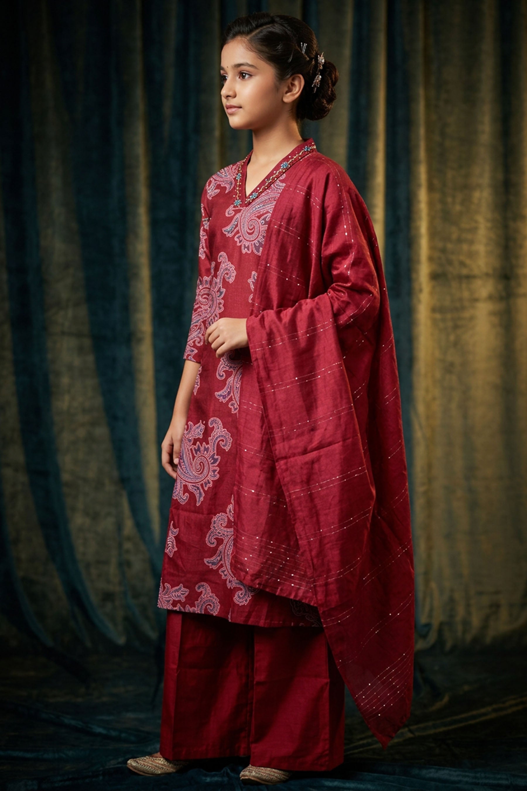 Maroon Cotton 3-Piece Kurti Set with Embroidered V-Neck, Elastic Pant & Chiffon Dupatta — side pose