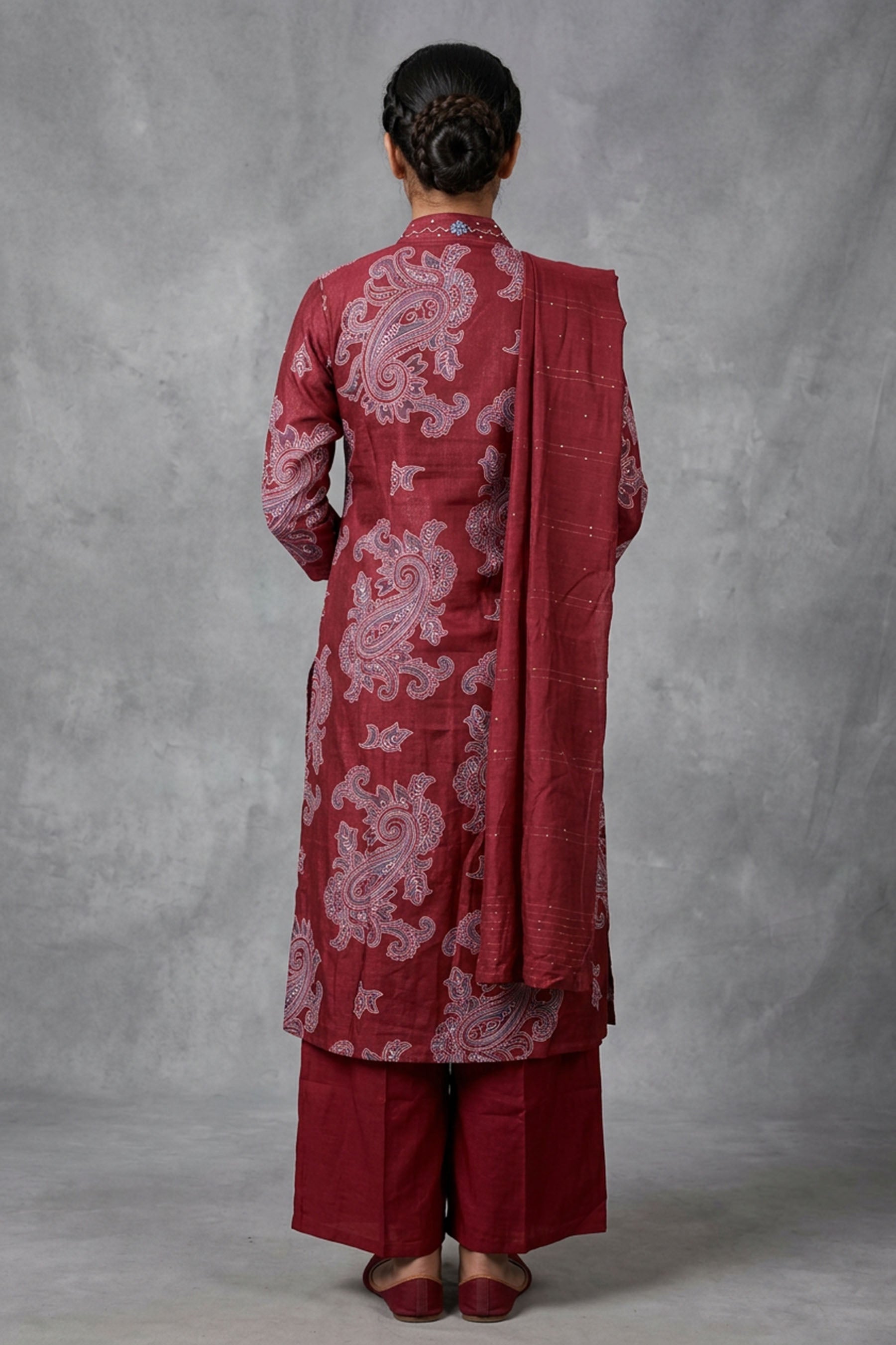 Maroon Cotton 3-Piece Kurti Set with Embroidered V-Neck, Elastic Pant & Chiffon Dupatta — back pose