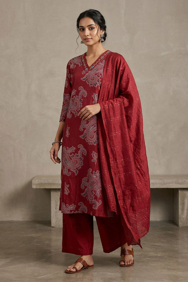 Maroon Cotton 3-Piece Kurti Set with Embroidered V-Neck, Elastic Pant & Chiffon Dupatta — front pose