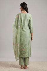 Light Green Roman Silk Kurti Pant Set with Embroidered Handwork Chinon Dupatta for Women — back pose