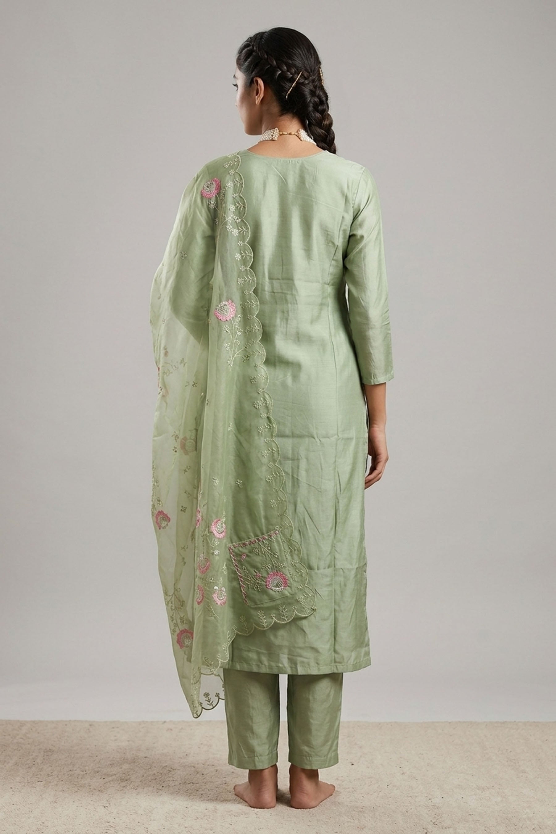 Light Green Roman Silk Kurti Pant Set with Embroidered Handwork Chinon Dupatta for Women — back pose