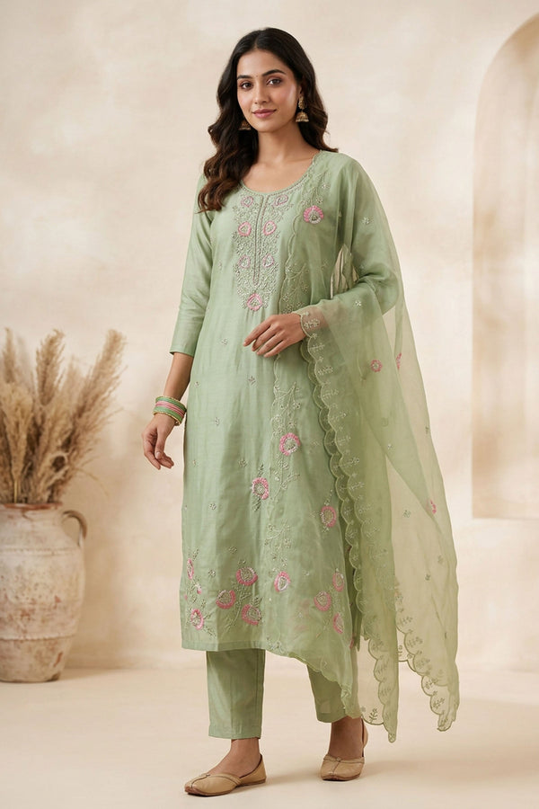Light Green Roman Silk Kurti Pant Set with Embroidered Handwork Chinon Dupatta for Women — front pose