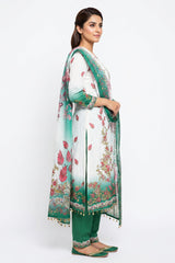 Cream and Green Crepe 3-Piece Salwar Suit with Embellished Kurti, Cotton Dupatta and Elastic Pants — side pose