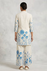 Cream Khadi Rayon Floral Mandarin Collar Kurti with Elastic Waist Pant Co-ord Set (2 pcs) — back pose