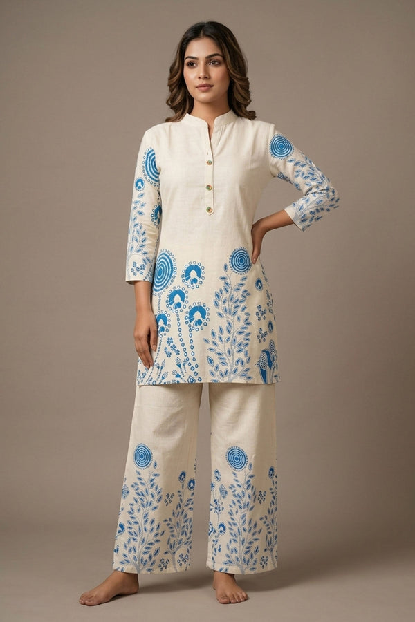 Cream Khadi Rayon Floral Mandarin Collar Kurti with Elastic Waist Pant Co-ord Set (2 pcs) — front pose