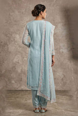 Pastel Blue 3-Piece Salwar Suit Set with Organza Chiffon Kurti, Silk Feel Bottom & Stone Work Dupatta — back pose