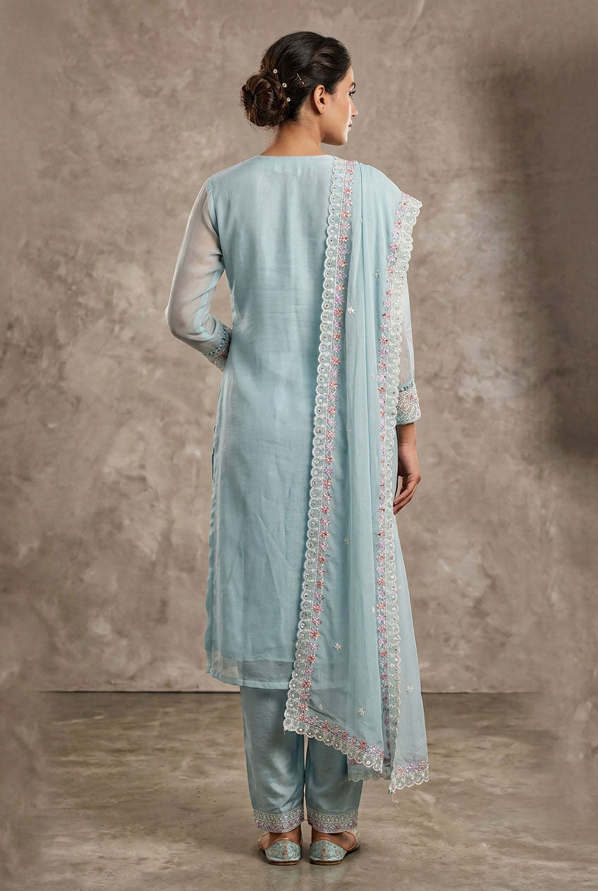 Pastel Blue 3-Piece Salwar Suit Set with Organza Chiffon Kurti, Silk Feel Bottom & Stone Work Dupatta — back pose