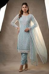 Pastel Blue 3-Piece Salwar Suit Set with Organza Chiffon Kurti, Silk Feel Bottom & Stone Work Dupatta — front pose
