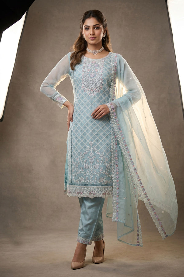 Pastel Blue 3-Piece Salwar Suit Set with Organza Chiffon Kurti, Silk Feel Bottom & Stone Work Dupatta — front pose