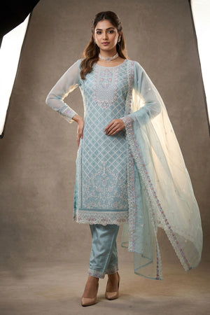 Pastel Blue 3-Piece Salwar Suit Set with Organza Chiffon Kurti, Silk Feel Bottom & Stone Work Dupatta